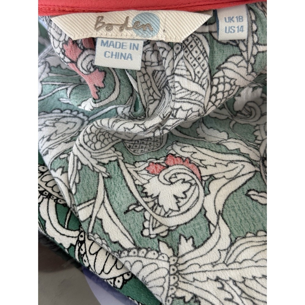 Boden Top Green Floral Print US 18 Pink Trim Womens Blouse 3/4 Sleeves - Picture 4 of 7